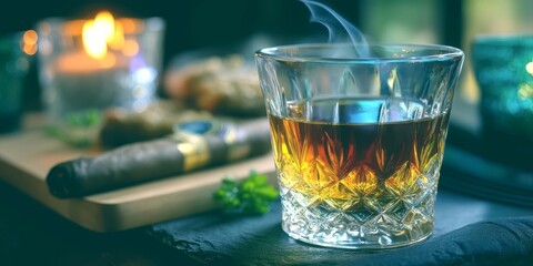 Savoring whiskey next to a cigar in a cozy indoor setting during a relaxing evening moment