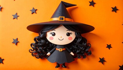 Cute papercraft witch illustration with stars on an orange background, perfect for Halloween decorations and cards