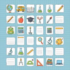 A colorful grid of handdrawn school supply icons and blank note squares for education.