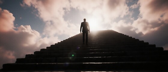 man in suit climbing staircase towards bright sunlight and cloudy sky, representing ambition | motivation, business, leadership, success, inspiration theme