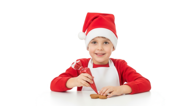 Young boy wearing a santa hat and apron decorating cookies isolated on transparent background