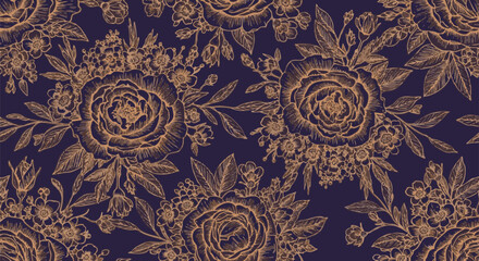 Elegant floral pattern design with roses and other blooms on a deep blue background