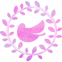 Illustration featuring a beautiful watercolor-patterned olive wreath and a bird icon image