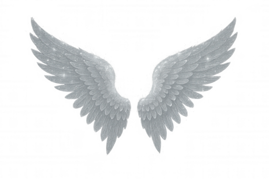 Glittering silver angel wings with sparkling feathers on transparent background representing ethereal purity and freedom