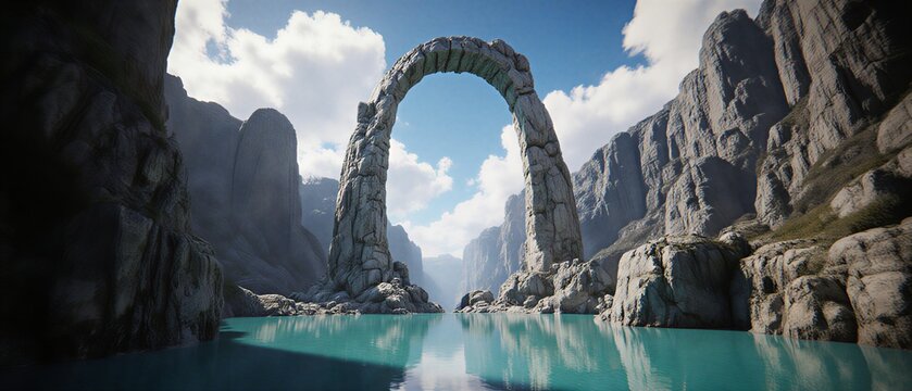 ancient stone archway frames turquoise lake in a dramatic mountainscape | fantasy, adventure, travel, nature, architecture theme