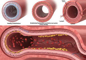 Atherosclerosis progression in coronary artery shown as cross-section, from healthy endothelium to plaque rupture, photorealistic medical illustration, pathology education