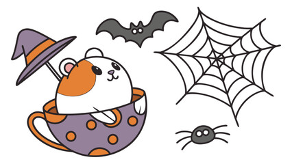 Vector illustration of a Bashful Guinea pig with in a teacup, styled in a Halloween theme using Spooky Fun colors