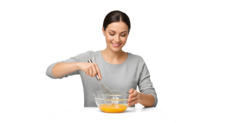 Woman smiling while whisking eggs in a glass bowl, isolated on transparent background