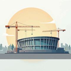 Modern stadium arena building under construction with tower cranes. © devilito