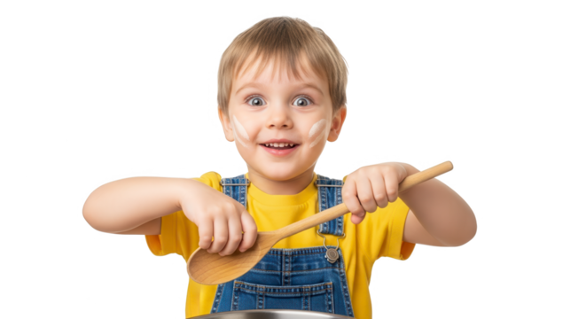 Young boy with flour on his face mixing batter in a bowl isolated on transparent background