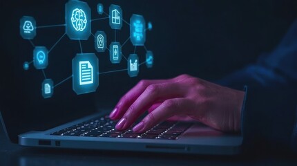 Person managing enterprise data and business processes with a network of glowing icons representing AI, cloud computing, and cybersecurity