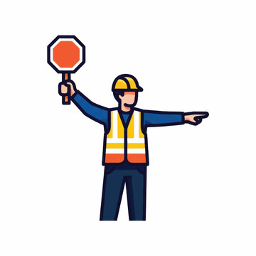 Road worker in safety gear directing traffic with a stop sign.