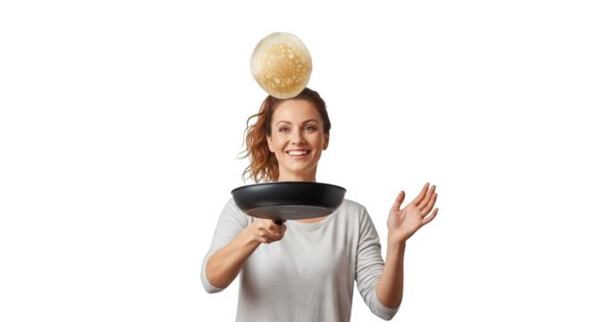Woman juggling a pancake on a frying pan isolated on transparent background