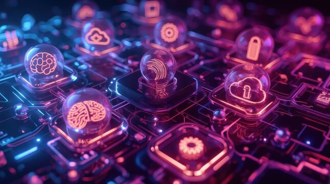 A glowing neon circuit board illustrating the futuristic concept of artificial intelligence, data security, and cloud networking