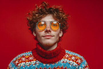Young man in Christmas sweater with party glasses on color background