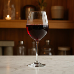 a glass wine glass filled with deep red wine, condensation beads, on a marble bar top, low‑key warm lighting, 8 k, elegant focus, “wine, hospitality, drink, luxury, high resolution