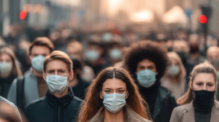 Crowded Street Scene With People Wearing Masks During Daytime Activity