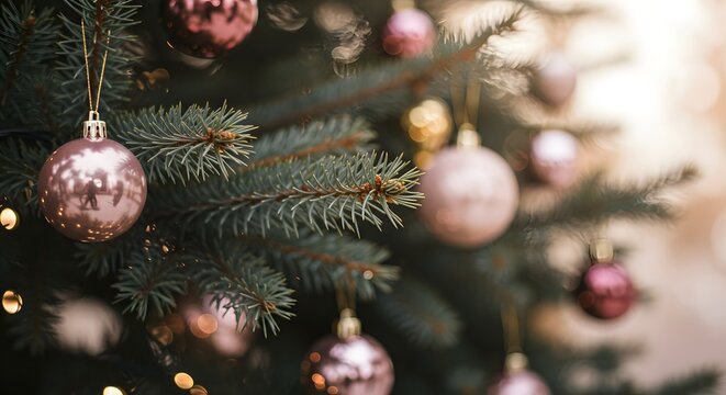 Festive Ornaments on Evergreen: A close-up showcases the timeless elegance of a decorated Christmas tree, featuring a collection of lustrous spherical ornaments that sparkle with holiday joy.