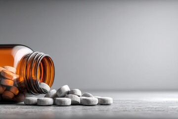 Pills Spilled From a Brown Bottle on a Gray Surface in a Calm Setting