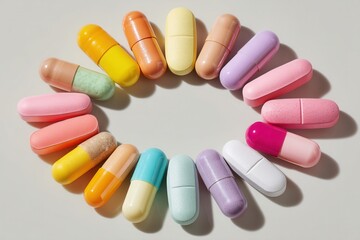 Colorful Pills in a Circular Pattern on a Light Background