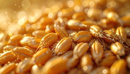 Close Up of Golden Wheat Grains with Shallow Depth of Field and Warm Bokeh Lights in the Background