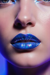Fototapeta premium bold blue lipstick portrait showcasing modern beauty and a vibrant, glossy allure | beauty, fashion, makeup, portrait, modern theme