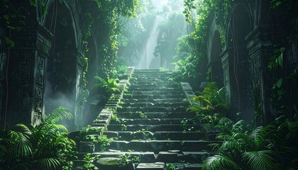 Ancient jungle stairway leading to a hidden waterfall