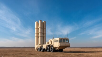 Military Vehicle Carrying Missile System in Open Field Under Blue Sky