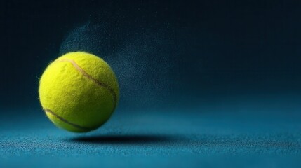 Bright Yellow Tennis Ball Bounces on Blue Surface With Dust in the Air
