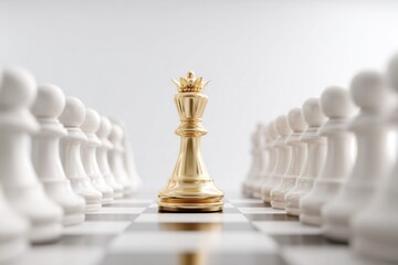Golden Chess King Stands Tall Among White Pawns on a Black and White Board