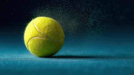 Bright Yellow Tennis Ball Bounces on Blue Surface With Dust Clouds Rising