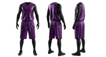 Three mannequins display a purple basketball uniform consisting of a sleeveless jersey and shorts against a white background.