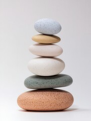 Colorful Stones Balanced in a Harmonious Stack on a Light Background