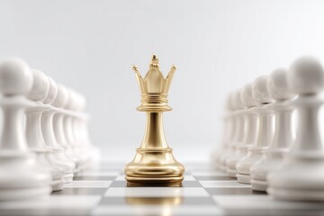 Magnificent Golden Chess Queen Stands Among White Pawns on a Chessboard