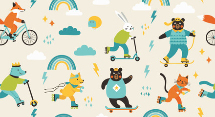 Fototapeta premium Colorful seamless pattern of cartoon animals enjoying outdoor activities