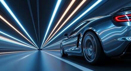 A sleek, dark sports car races at high speed through a futuristic tunnel illuminated by converging streaks of blue and orange neon light.
