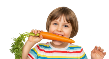 Young child happily eating a large fresh carrot, isolated on transparent background