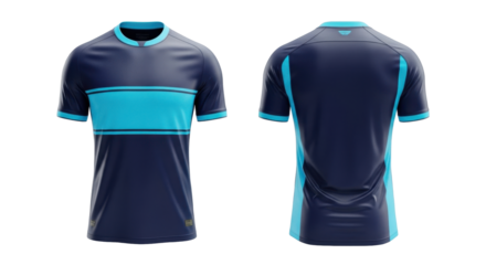 Front and back view of a modern, short-sleeved navy blue and cyan athletic jersey with horizontal stripe accents.