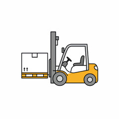 Forklift Truck Lifting a Box on a Pallet in Warehouse.