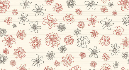 Seamless pattern with hand-drawn floral doodles in red and black on lined paper. This charming and whimsical background is great for scrapbooking