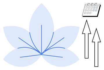 Abstract lotus flower with upward lines for growth, arrows for progress, and calendar for organization. Ideal for wellness, mindfulness, goal setting, growth, success productivity planning. Simple