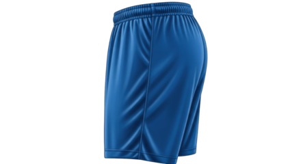 Close-up of a pair of blue athletic shorts with an elastic waistband, isolated on a white background.