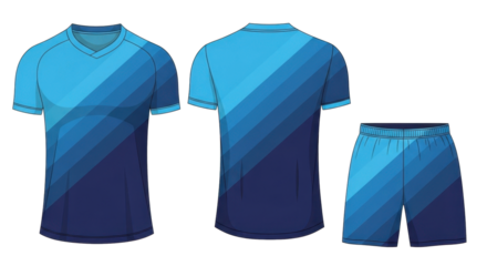 A blue and navy gradient patterned athletic jersey and shorts set, presented from front, back, and side views, showcasing sportswear design.