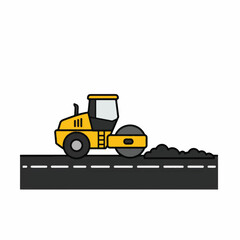 Yellow steamroller compacting asphalt on a road construction site.