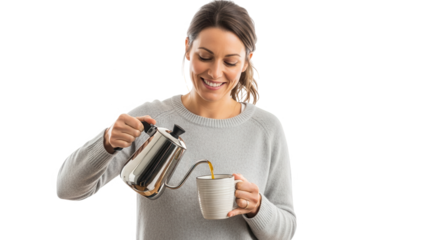 Woman pouring coffee into a mug isolated on transparent background