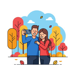 Young couple taking selfie. Travel, vacation, holidays and adventure vector concept illustration. Autumn mountain landscape background. Poster design style