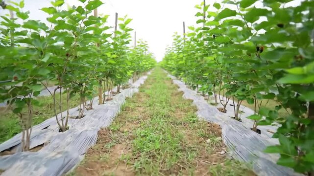 Wide Angle View of Mulberry Plantation with Lush Green Leaves Swaying Gently on a Bright Day for Sericulture and Sustainable Agriculture Against a Soft White Background and a Path in the Middle