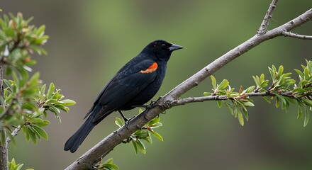Obraz premium Blackbird perched on branch with green leaves in natural setting