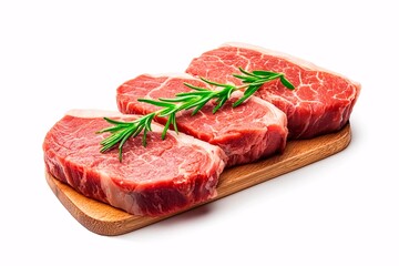 Three slices of ribeye steak with rosemary on a wooden board