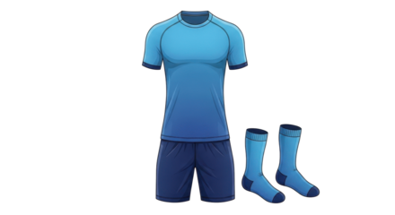 A blue gradient soccer uniform, including a short-sleeved jersey and matching shorts, alongside a pair of athletic socks, presented on a white background.